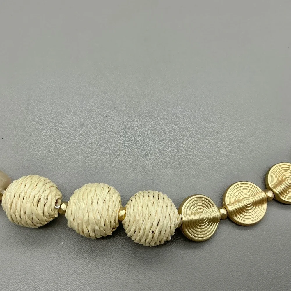 Plunder Necklace Women Gold Tone Mixed Bead Raffia Woven Boho Long Adjustable